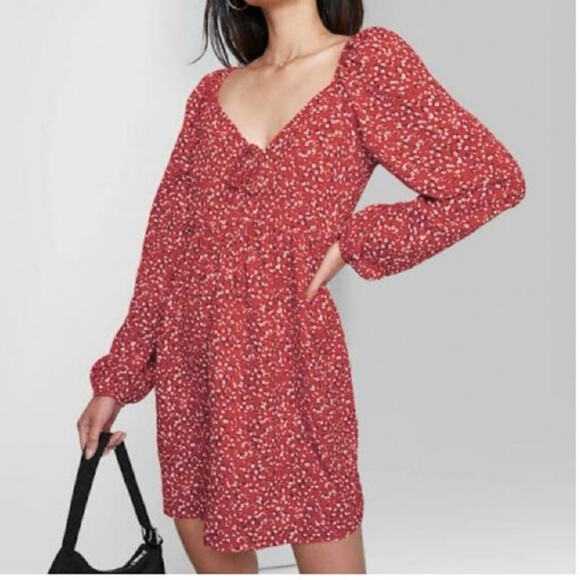 Wild Fable NEW Red Ditzy Floral V Neck Puff Sleeve Mini Dress XS - Picture 1 of 7